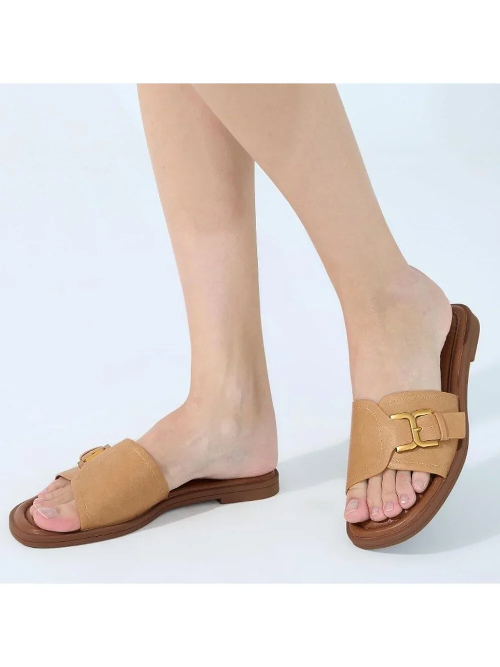 Women's Light Brown Square Toe Flat Sandals Slides Dressy Comfortable for Casual